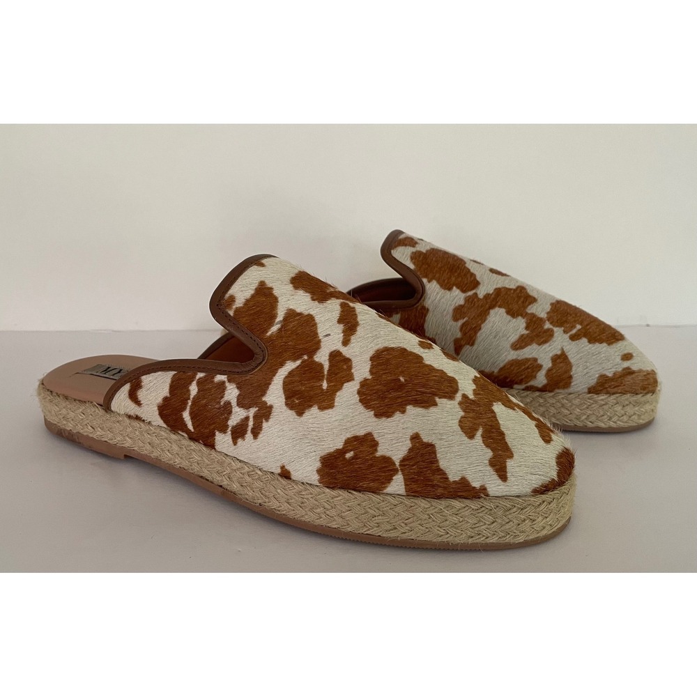 Myra Bag Cow Print‎ Hair on Hide Espadrille Mules Brown White Leather Western 9
